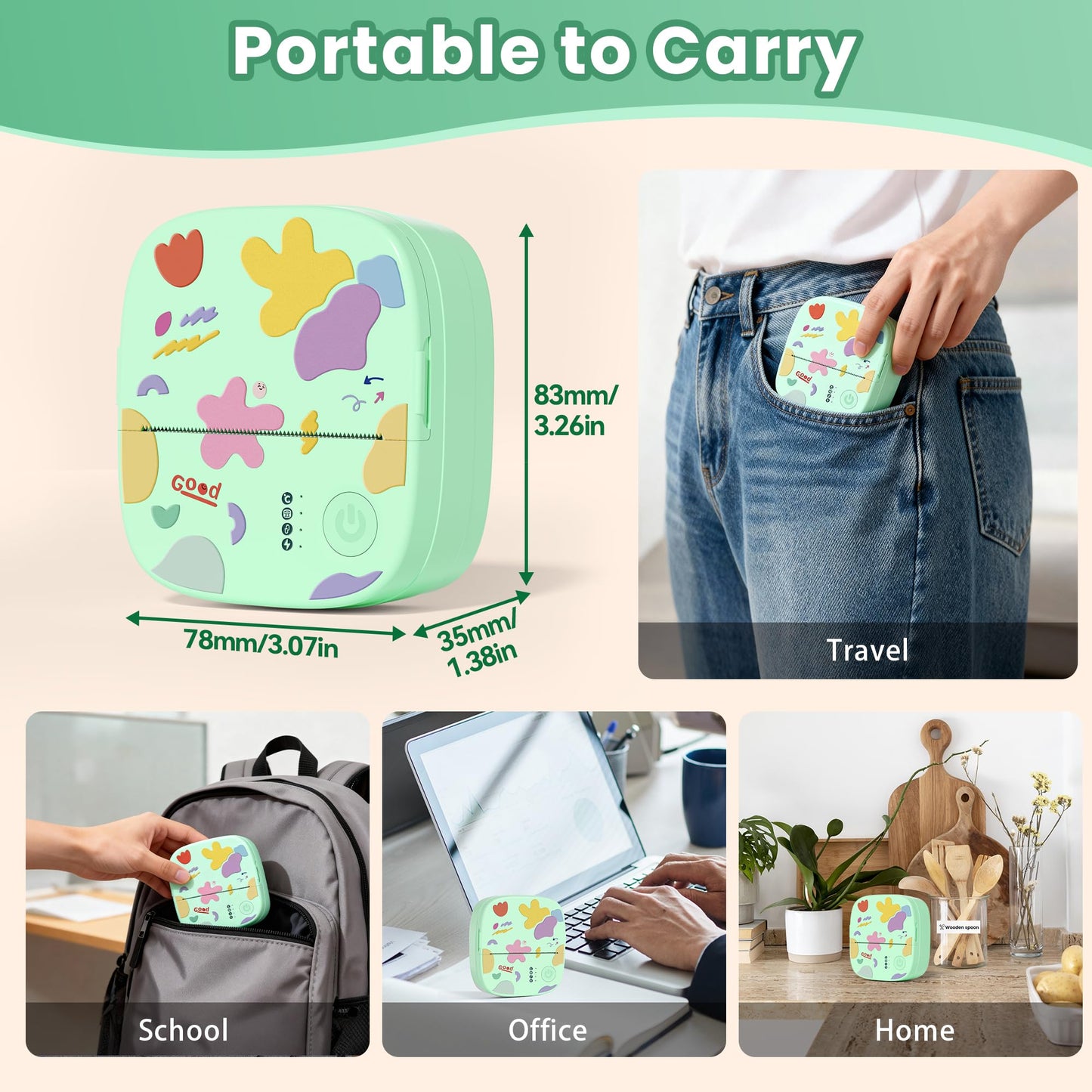 Mini Sticker Printer AHM2, Mini Thermal Printer with 3 Rolls Paper, Portable Bluetooth Inkless Printpods, Pocket Label Maker Suitable for Creative Kids DIY, Diaries, Photos, Study Notes -White
