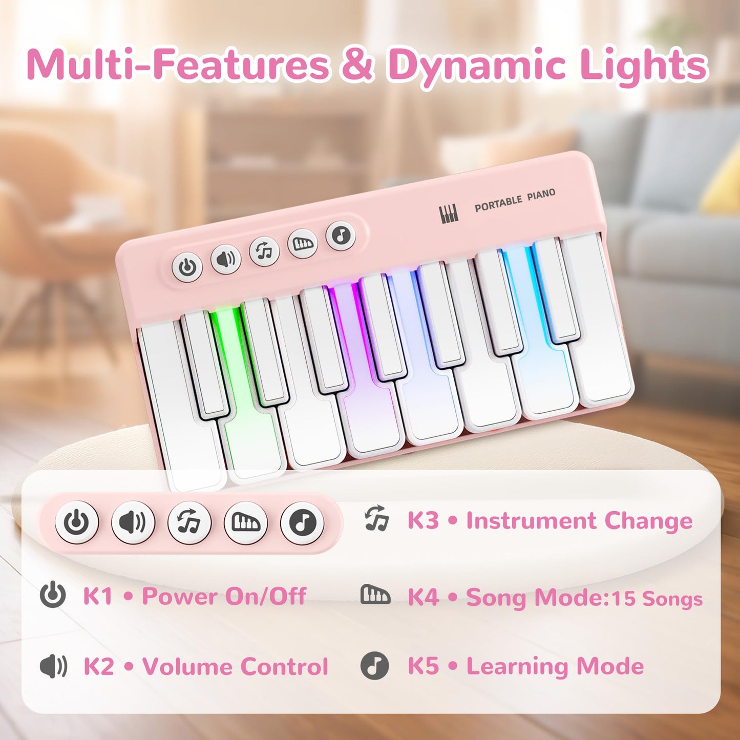 iPlay, iLearn Kids Mini Piano Toy W/Rainbow Lights, Toddler Pocket Travel Piano Keyboard for 1-3, Portable Musical Instrument Toys, Music Interactive Birthday Gift 2 4 5 6 Year Old Boy Girl Child-Blue