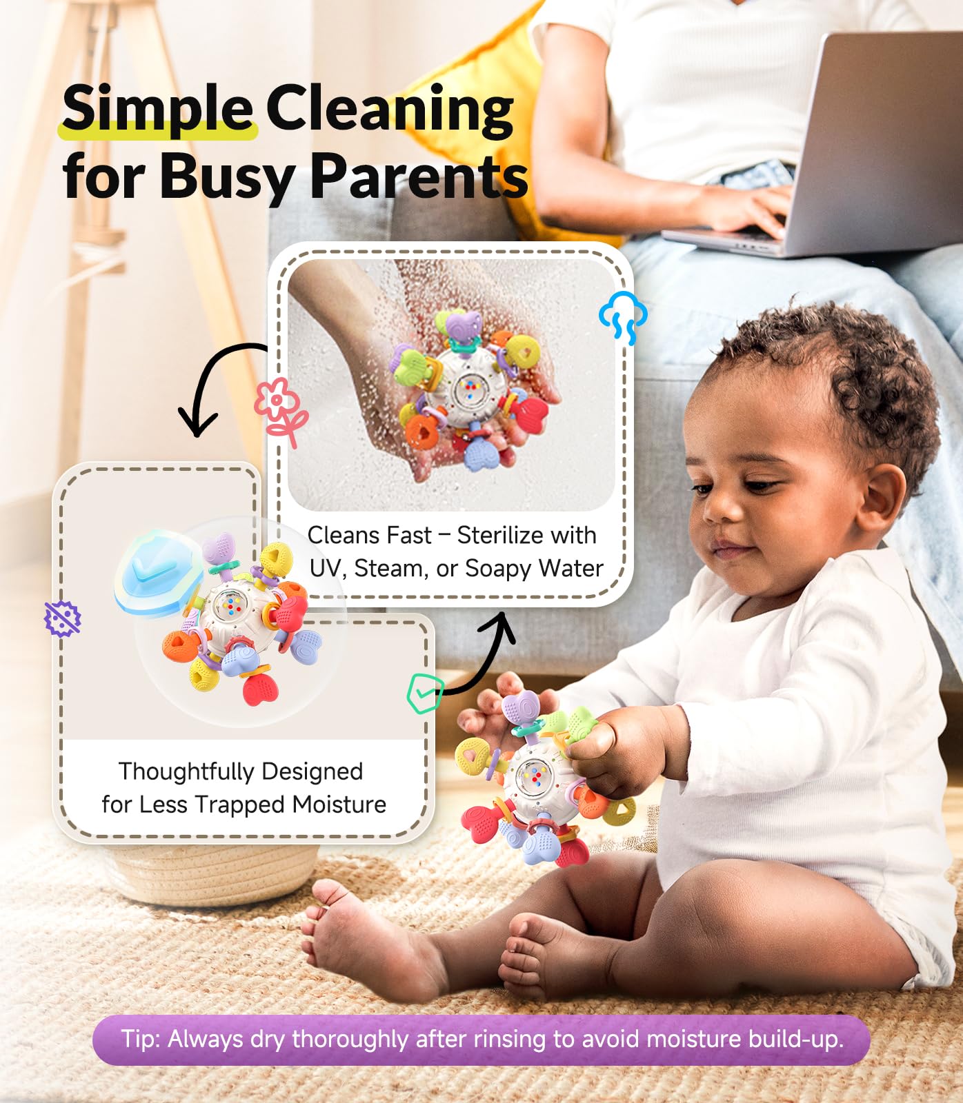 Baby Montessori Sensory Teething Toy - Safe, Multi-Functional BPA-Free Silicone Teether for Babies 0-12 Months - Teething Relief & Fun Play with Rattle - Perfect Baby Toys for Boys & Girls