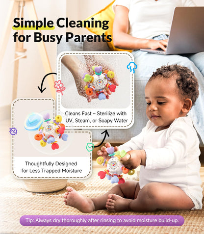 Baby Montessori Sensory Teething Toy - Safe, Multi-Functional BPA-Free Silicone Teether for Babies 0-12 Months - Teething Relief & Fun Play with Rattle - Perfect Baby Toys for Boys & Girls