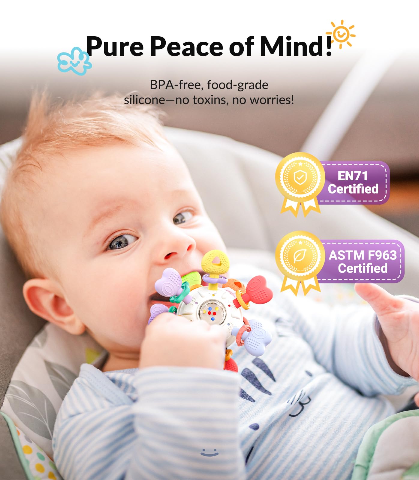 Baby Montessori Sensory Teething Toy - Safe, Multi-Functional BPA-Free Silicone Teether for Babies 0-12 Months - Teething Relief & Fun Play with Rattle - Perfect Baby Toys for Boys & Girls