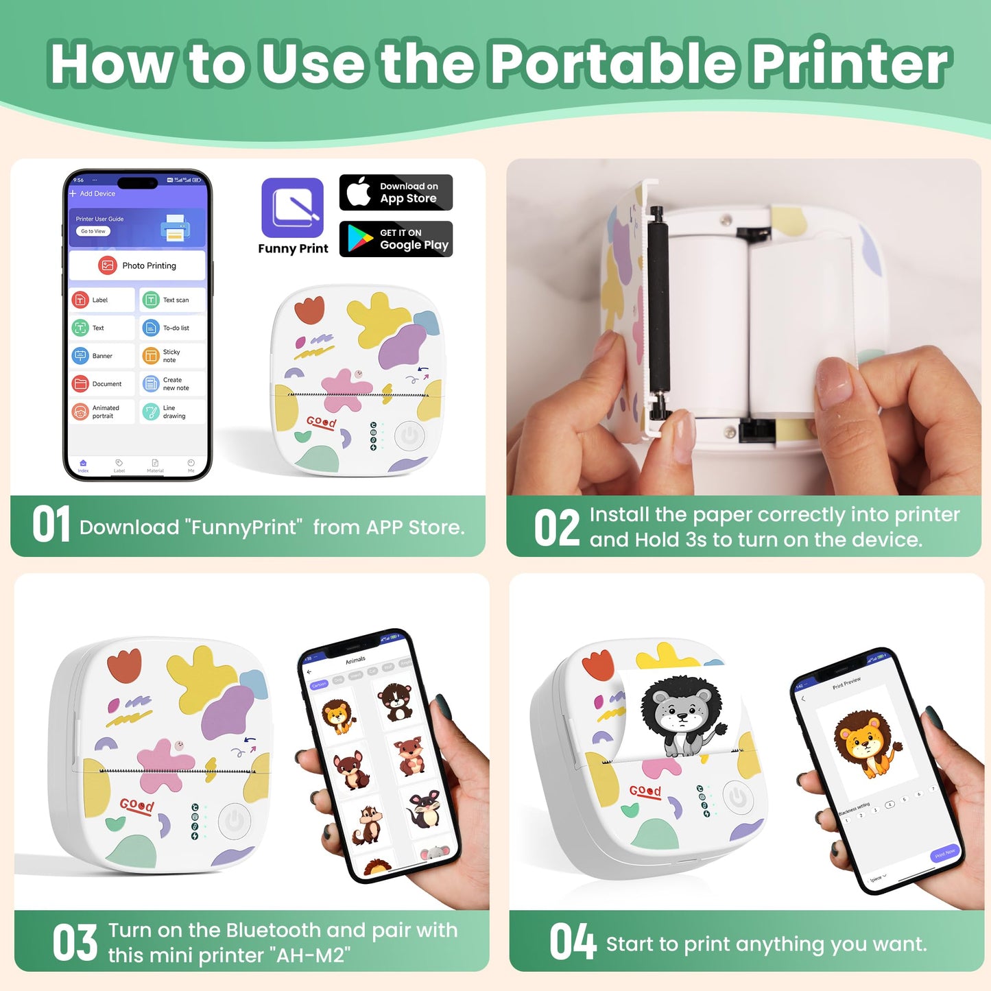 Mini Sticker Printer AHM2, Mini Thermal Printer with 3 Rolls Paper, Portable Bluetooth Inkless Printpods, Pocket Label Maker Suitable for Creative Kids DIY, Diaries, Photos, Study Notes -White