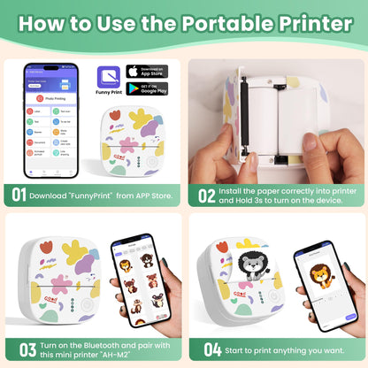 Mini Sticker Printer AHM2, Mini Thermal Printer with 3 Rolls Paper, Portable Bluetooth Inkless Printpods, Pocket Label Maker Suitable for Creative Kids DIY, Diaries, Photos, Study Notes -White