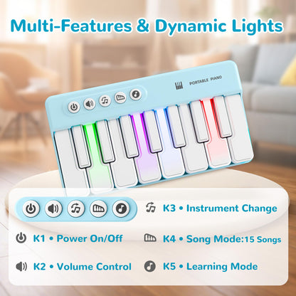 iPlay, iLearn Kids Mini Piano Toy W/Rainbow Lights, Toddler Pocket Travel Piano Keyboard for 1-3, Portable Musical Instrument Toys, Music Interactive Birthday Gift 2 4 5 6 Year Old Boy Girl Child-Blue