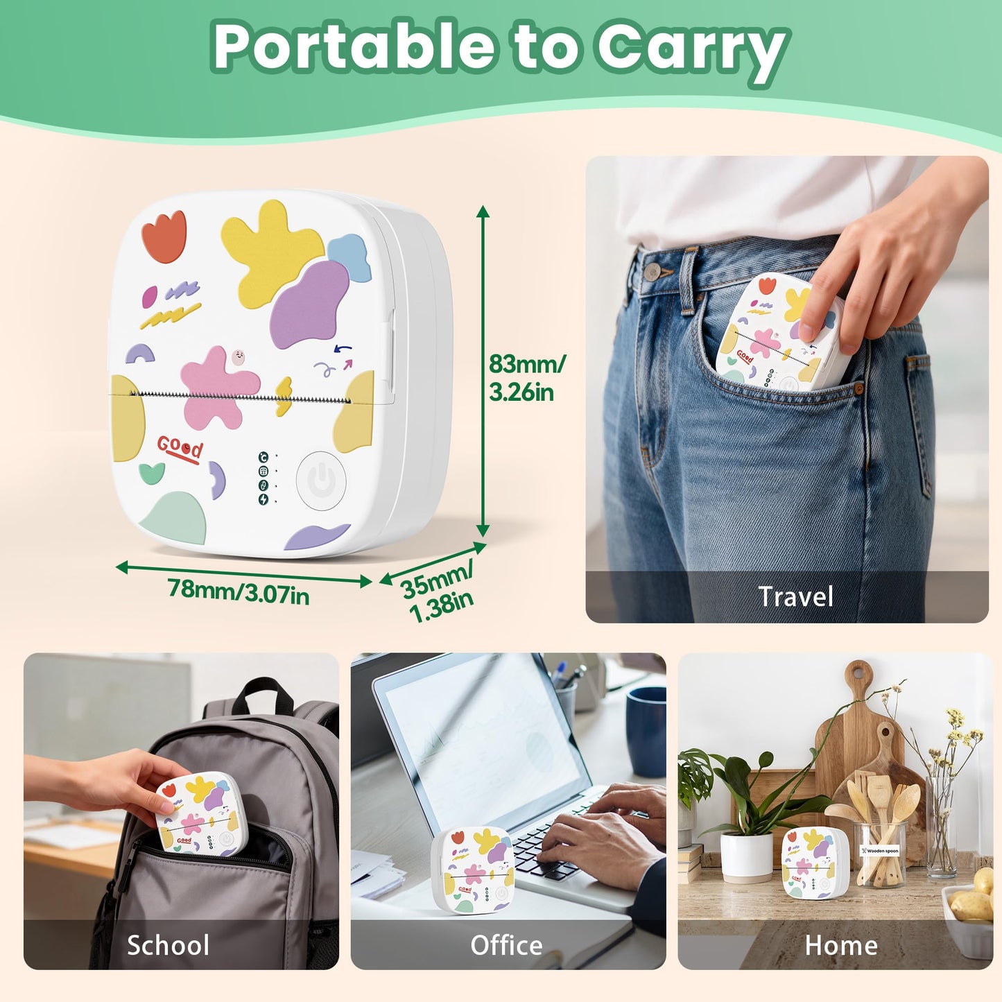 Mini Sticker Printer AHM2, Mini Thermal Printer with 3 Rolls Paper, Portable Bluetooth Inkless Printpods, Pocket Label Maker Suitable for Creative Kids DIY, Diaries, Photos, Study Notes -White