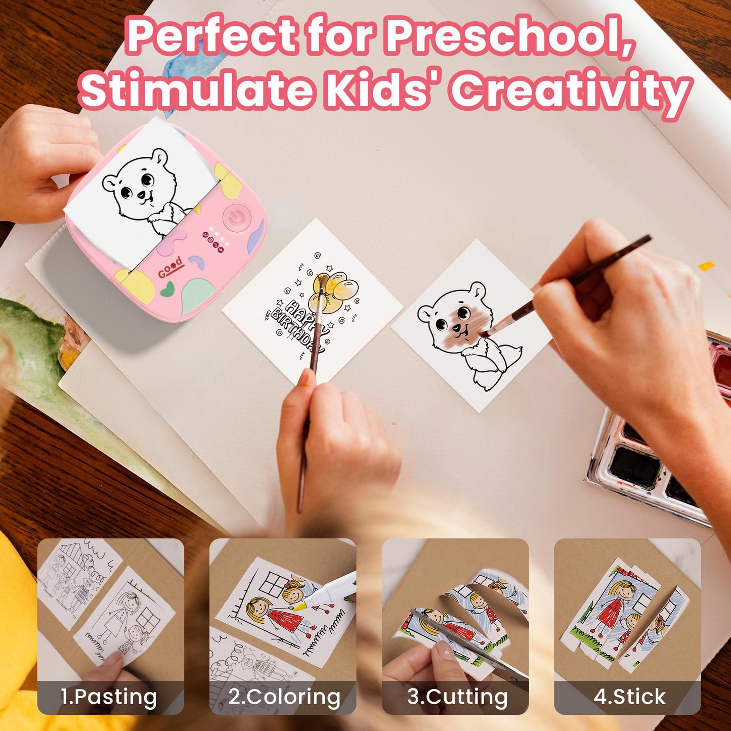 Mini Sticker Printer AHM2, Mini Thermal Printer with 3 Rolls Paper, Portable Bluetooth Inkless Printpods, Pocket Label Maker Suitable for Creative Kids DIY, Diaries, Photos, Study Notes -White