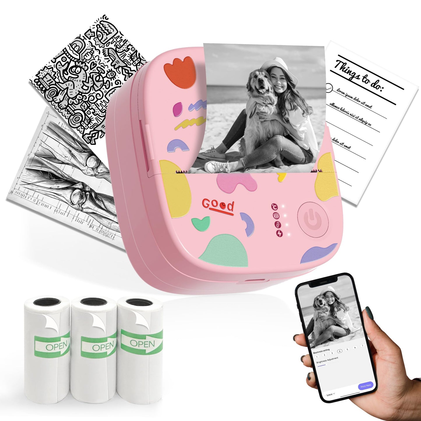 Mini Sticker Printer AHM2, Mini Thermal Printer with 3 Rolls Paper, Portable Bluetooth Inkless Printpods, Pocket Label Maker Suitable for Creative Kids DIY, Diaries, Photos, Study Notes -White