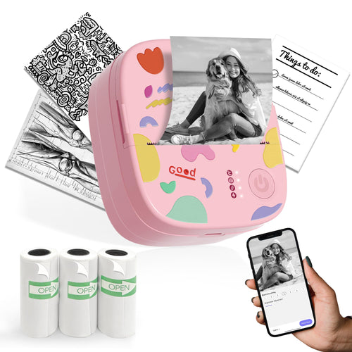 Mini Sticker Printer AHM2, Mini Thermal Printer with 3 Rolls Paper, Portable Bluetooth Inkless Printpods, Pocket Label Maker Suitable for Creative Kids DIY, Diaries, Photos, Study Notes -White