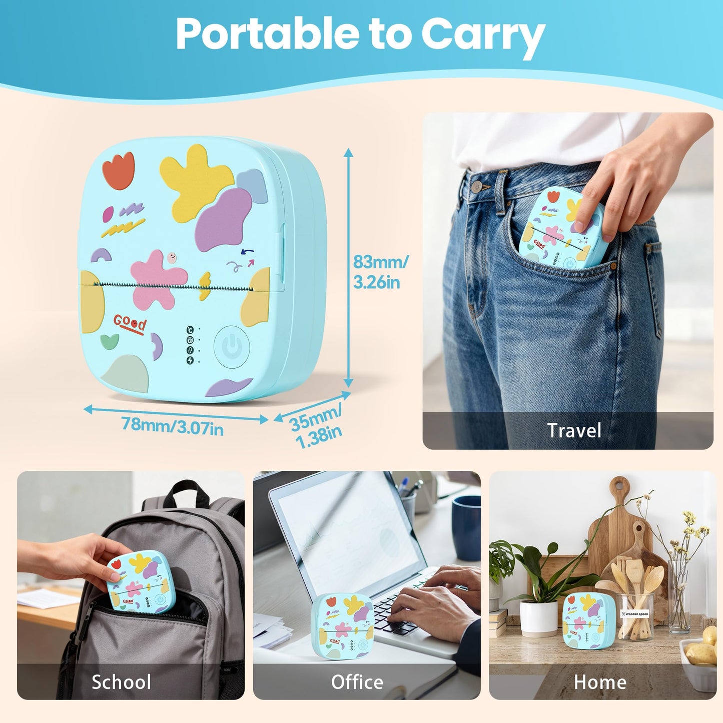 Mini Sticker Printer AHM2, Mini Thermal Printer with 3 Rolls Paper, Portable Bluetooth Inkless Printpods, Pocket Label Maker Suitable for Creative Kids DIY, Diaries, Photos, Study Notes -White
