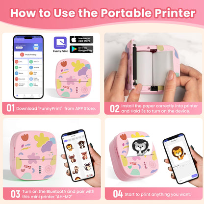 Mini Sticker Printer AHM2, Mini Thermal Printer with 3 Rolls Paper, Portable Bluetooth Inkless Printpods, Pocket Label Maker Suitable for Creative Kids DIY, Diaries, Photos, Study Notes -White