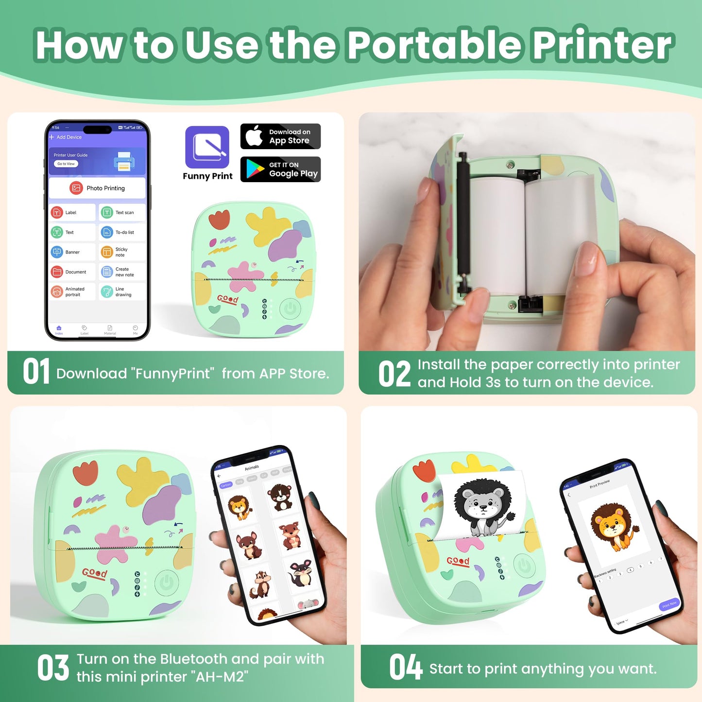 Mini Sticker Printer AHM2, Mini Thermal Printer with 3 Rolls Paper, Portable Bluetooth Inkless Printpods, Pocket Label Maker Suitable for Creative Kids DIY, Diaries, Photos, Study Notes -White
