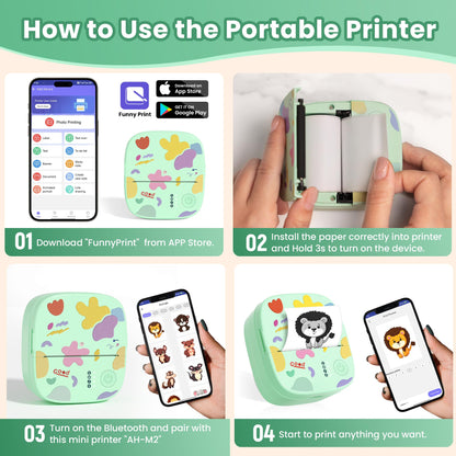 Mini Sticker Printer AHM2, Mini Thermal Printer with 3 Rolls Paper, Portable Bluetooth Inkless Printpods, Pocket Label Maker Suitable for Creative Kids DIY, Diaries, Photos, Study Notes -White
