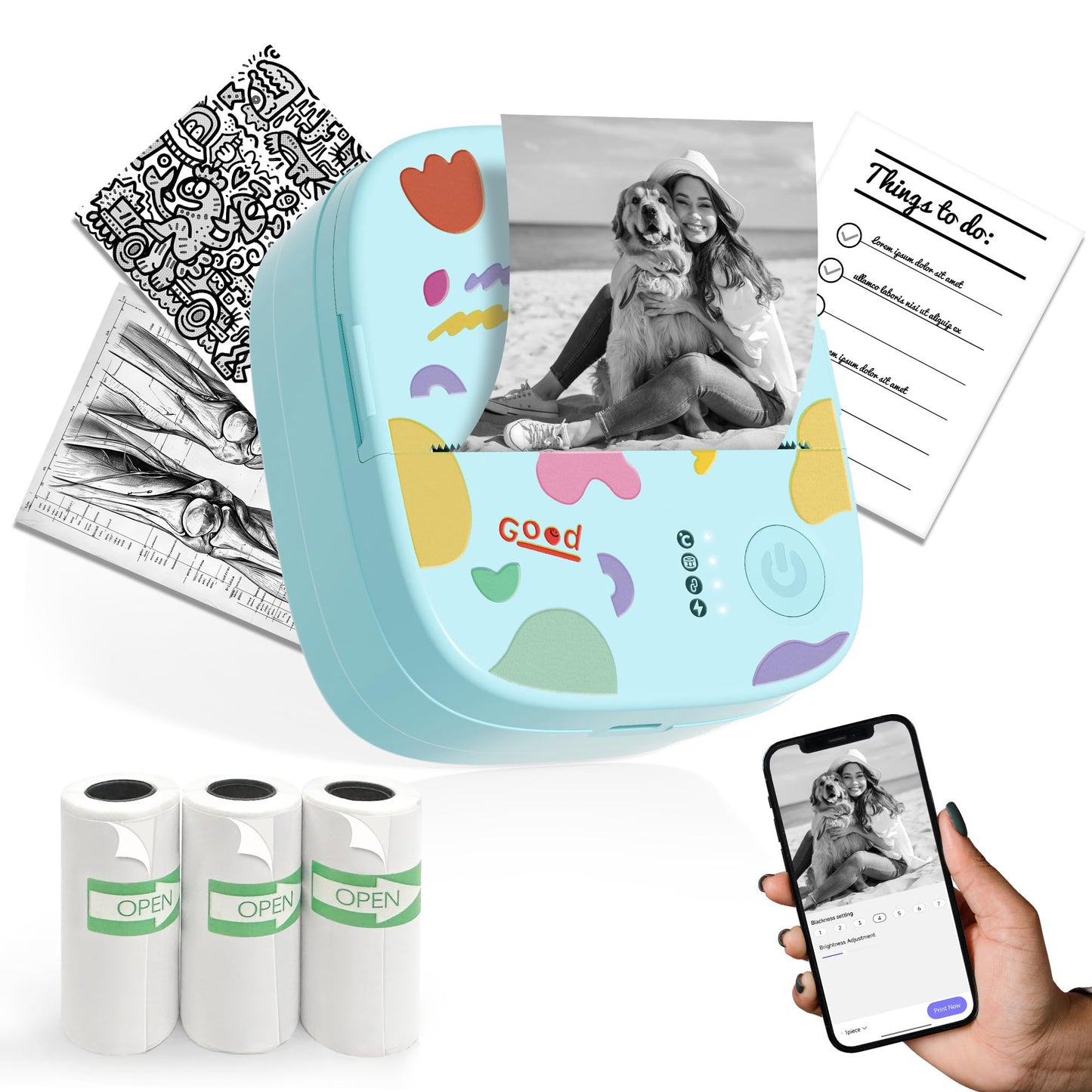 Mini Sticker Printer AHM2, Mini Thermal Printer with 3 Rolls Paper, Portable Bluetooth Inkless Printpods, Pocket Label Maker Suitable for Creative Kids DIY, Diaries, Photos, Study Notes -White