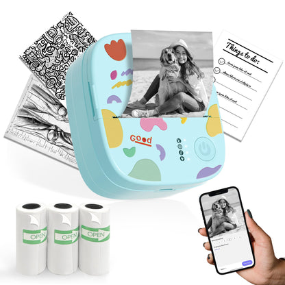 Mini Sticker Printer AHM2, Mini Thermal Printer with 3 Rolls Paper, Portable Bluetooth Inkless Printpods, Pocket Label Maker Suitable for Creative Kids DIY, Diaries, Photos, Study Notes -White