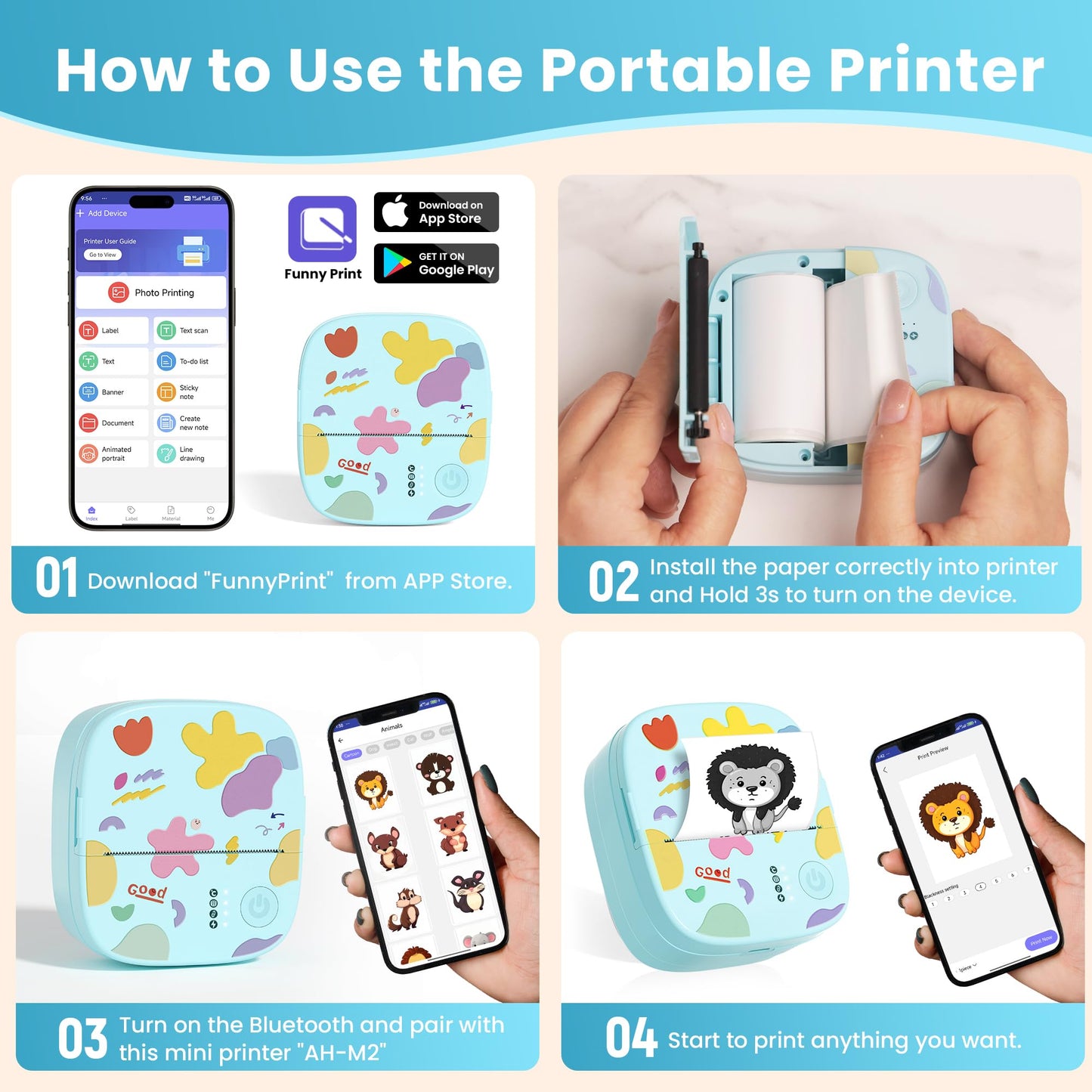 Mini Sticker Printer AHM2, Mini Thermal Printer with 3 Rolls Paper, Portable Bluetooth Inkless Printpods, Pocket Label Maker Suitable for Creative Kids DIY, Diaries, Photos, Study Notes -White