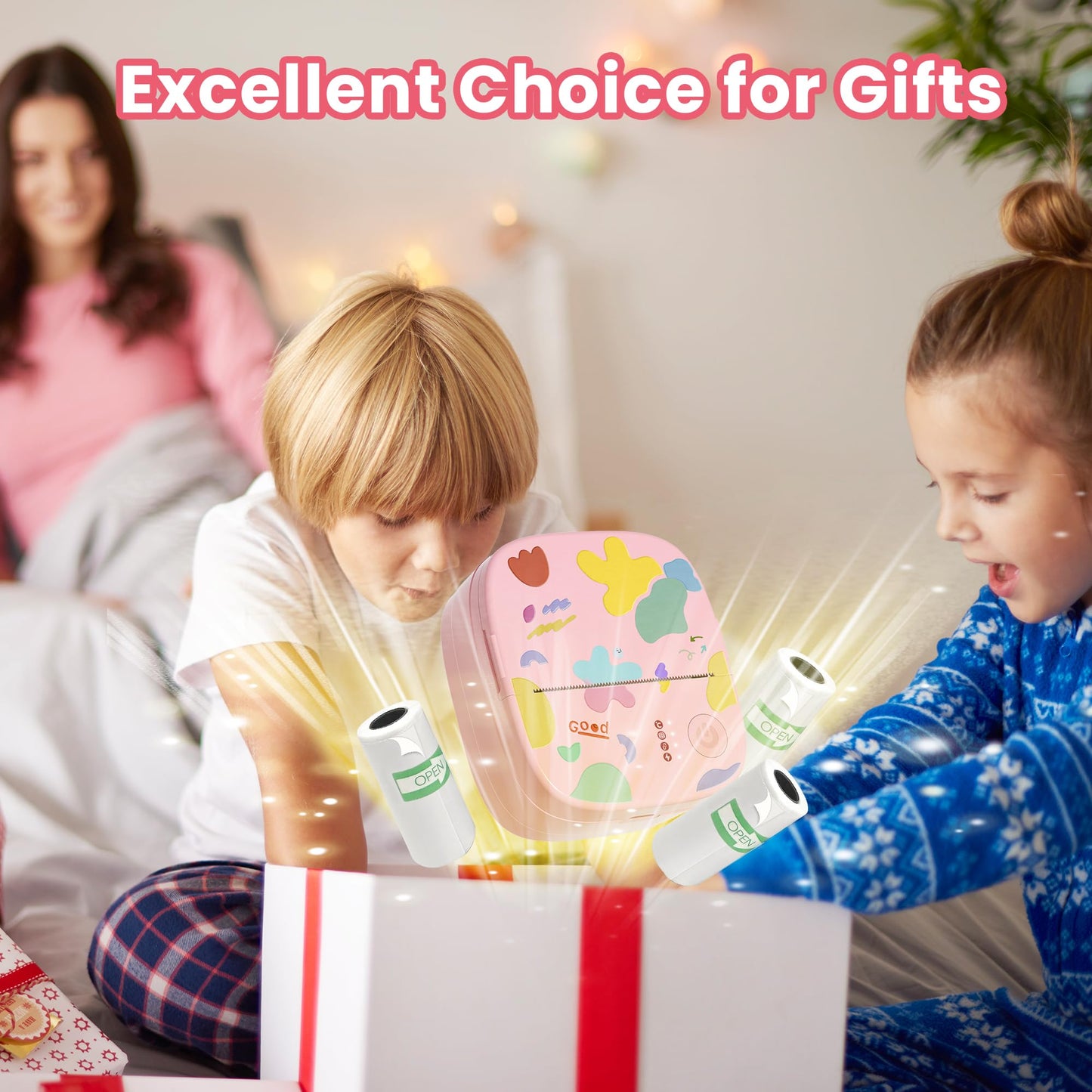 Mini Sticker Printer AHM2, Mini Thermal Printer with 3 Rolls Paper, Portable Bluetooth Inkless Printpods, Pocket Label Maker Suitable for Creative Kids DIY, Diaries, Photos, Study Notes -White