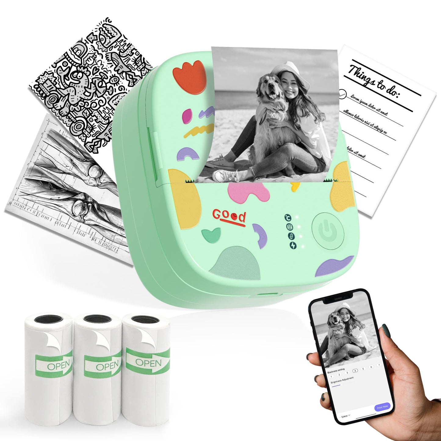 Mini Sticker Printer AHM2, Mini Thermal Printer with 3 Rolls Paper, Portable Bluetooth Inkless Printpods, Pocket Label Maker Suitable for Creative Kids DIY, Diaries, Photos, Study Notes -White