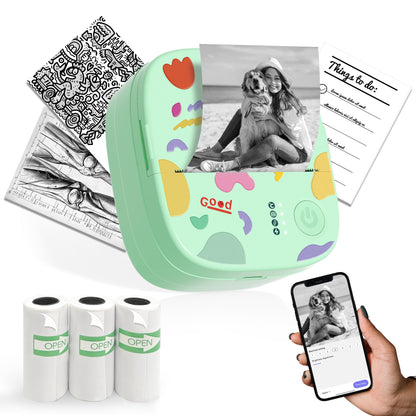 Mini Sticker Printer AHM2, Mini Thermal Printer with 3 Rolls Paper, Portable Bluetooth Inkless Printpods, Pocket Label Maker Suitable for Creative Kids DIY, Diaries, Photos, Study Notes -White